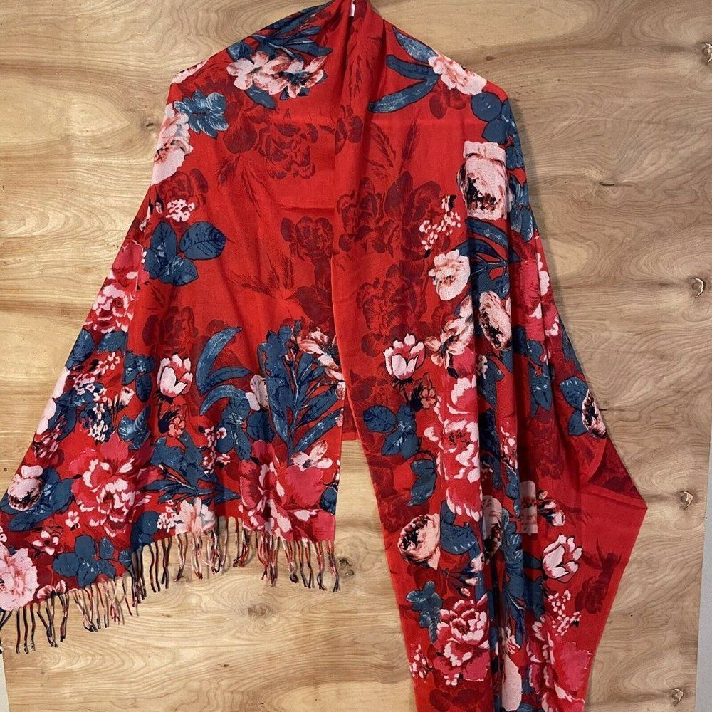 unbranded red floral fringe scarf Rectangular 28 x